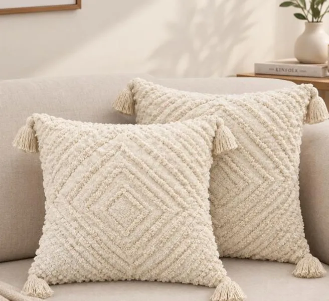 18×18 Inch Cotton Tufted Cushion Cover with Tassels – Textured Geometric Design, Pack of 2